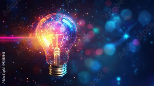 A glowing lightbulb with a vibrant aura, symbolizing innovation and breakthrough ideas, set against a clean, modern background