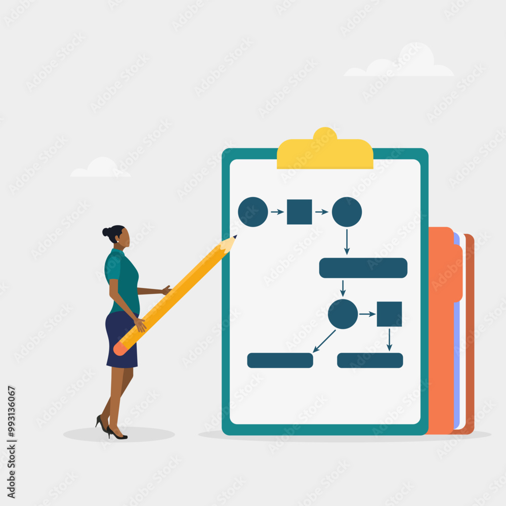Business plan, step by step. The character is holding a pencil. Modern vector illustration in flat style. Business plan, step by step. The character is holding a pencil. Modern vector illustration in flat style.