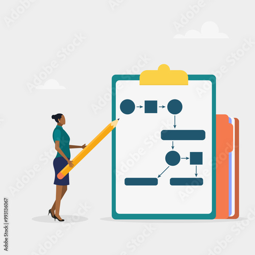 Business plan, step by step. The character is holding a pencil. Modern vector illustration in flat style. 