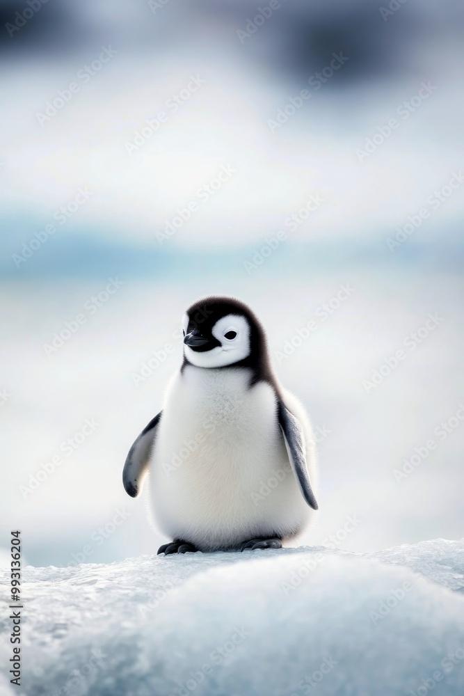 Naklejka premium A young penguin stands proudly on a snowy landscape in Antarctica during the winter season