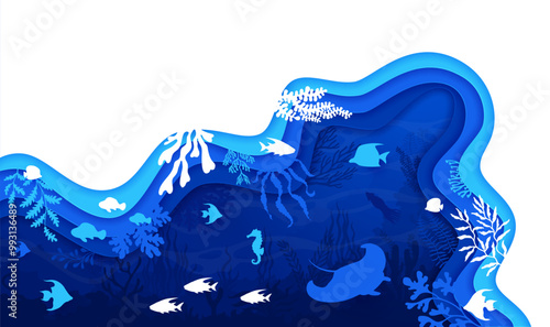 Underwater landscape in paper cut style featuring a variety of marine life inside of layered 3d vector frame with blue ocean or sea depth, teeming with fish, seaweed, stingray and coral silhouettes