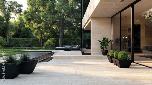 Minimalist outdoor space showcasing travertine tiles with black geometric planters