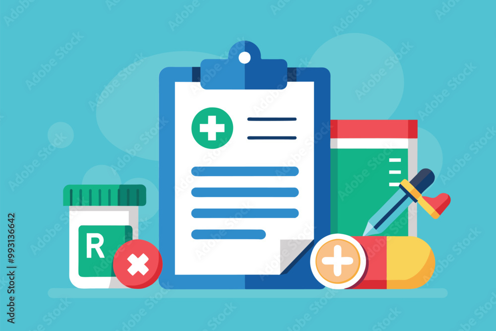 A doctor's prescription is featured alongside pharmacy icons and medication containers on a blue backdrop, Doctor's prescription with pharmacy icon illustration A doctor's prescription is featured alongside pharmacy icons and medication containers on a blue backdrop, Doctor's prescription with pharmacy icon illustration