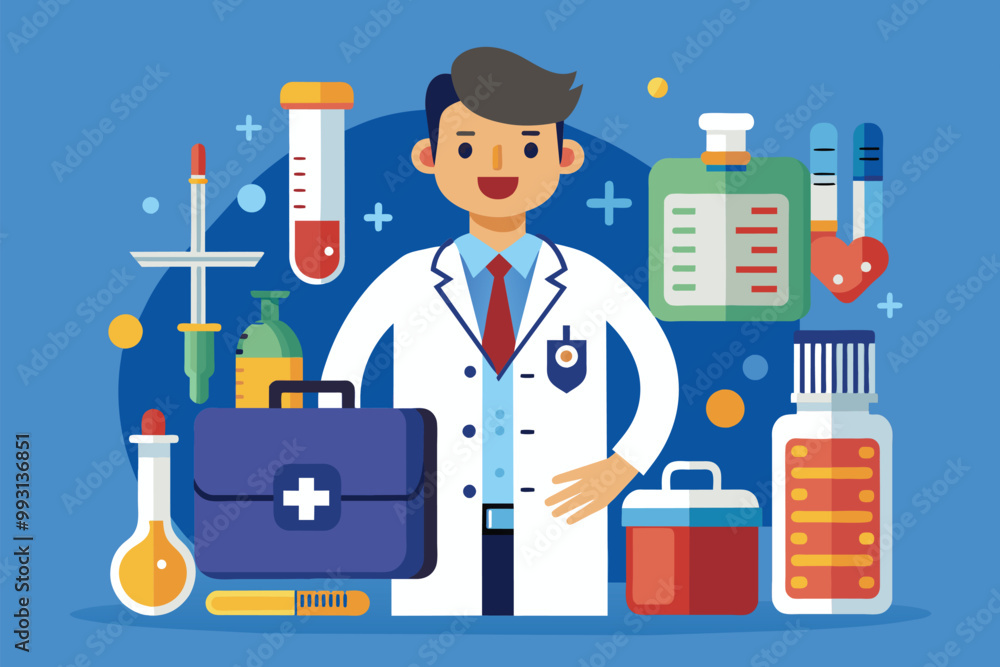 The doctor holds a medical bag while surrounded by tools like a thermometer and bottles of medicine in a clinic, Doctor with medical bag, thermometer, and medicine bottle. The doctor holds a medical bag while surrounded by tools like a thermometer and bottles of medicine in a clinic, Doctor with medical bag, thermometer, and medicine bottle.