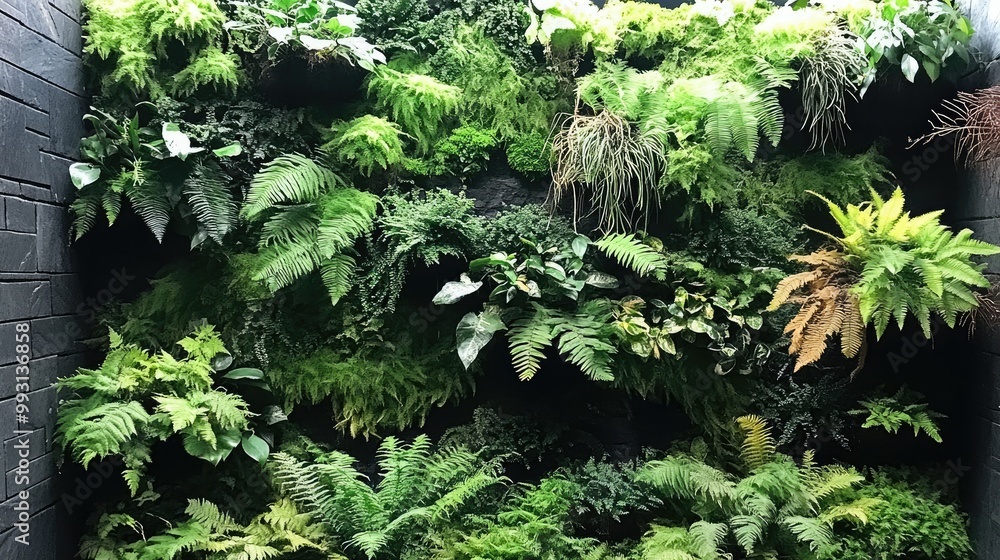 A large vertical garden panel with dense layers of ferns and mosses, blending nature with urban architecture. A large vertical garden panel with dense layers of ferns and mosses, blending nature with urban architecture.