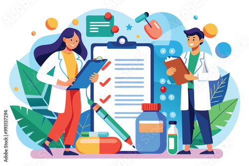 Two doctors writing drug prescriptions with medical supplies and a checklist in a bright, creative setting, Doctors write drug prescriptions, flat Illustration