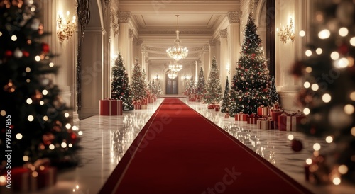 Elegant holiday decorations line a grand hallway featuring red carpet and beautiful Christmas trees