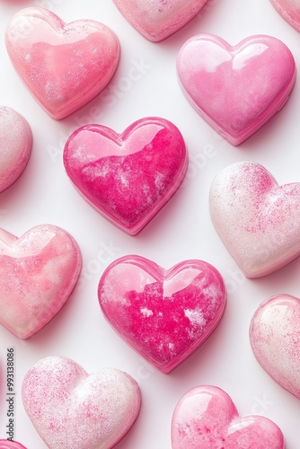 Glossy, shiny pink heart shaped sweets with a delicate sparkle, arranged in a neat, playful pattern