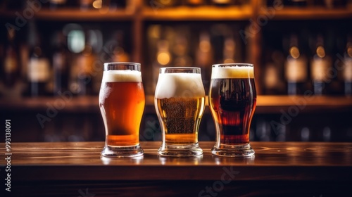 Three glasses of different types of beer set on a wooden bar counter, each showcasing golden, amber, and dark hues, inviting and ready to be savored.