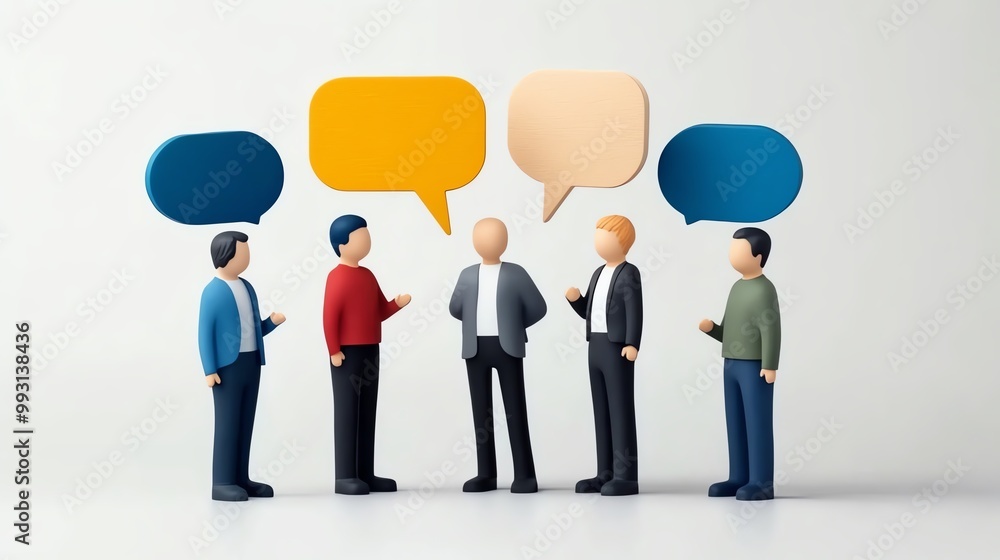 Miniature figures engaging in conversation with speech bubbles, white isolate background. Miniature figures engaging in conversation with speech bubbles, white isolate background.