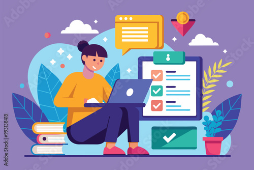 Someone is engaging in data downloading on a laptop, relaxed among plants and books in a vibrant setting, Download important data with a flat illustration.