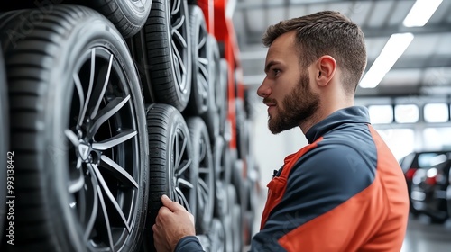 Man inspecting tire wall in a garage, focused and attentive.