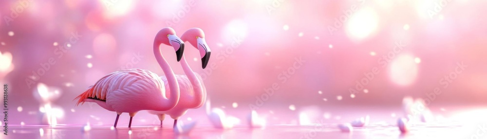 Naklejka premium Flamingos standing in a pink lake