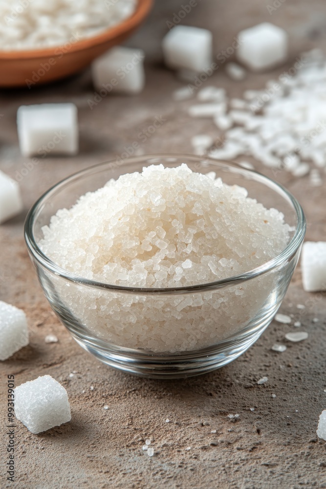 Close-up view of a bowl filled with coarse sugar on a rustic table with scattered sugar cubes Close-up view of a bowl filled with coarse sugar on a rustic table with scattered sugar cubes