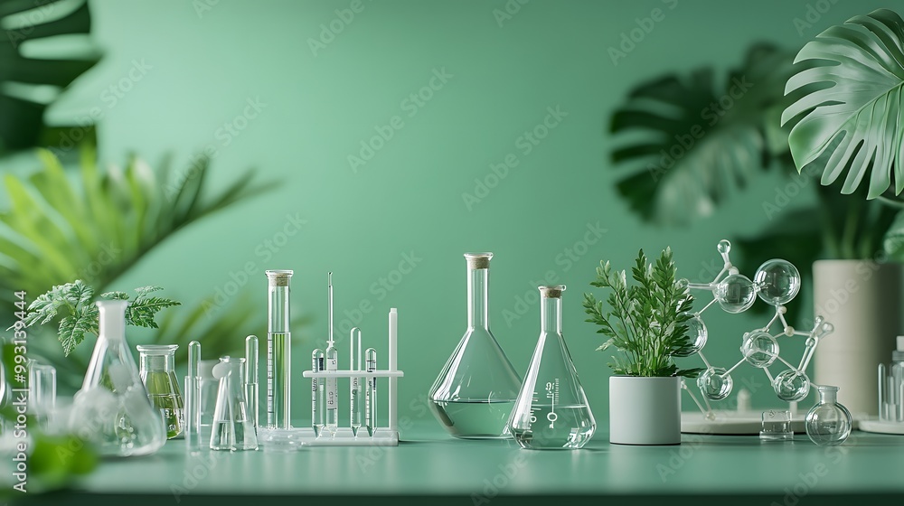 Glass Laboratory Equipment and Plants on a Green Background Glass Laboratory Equipment and Plants on a Green Background