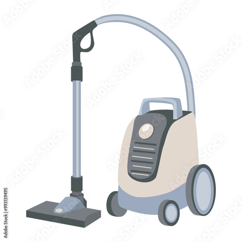 Green vacuum cleaner in flat design. Housekeeping appliance for floor cleanup. Vector illustration isolated.