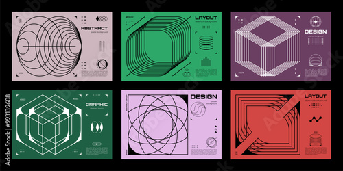 Abstract Brutalism posters and banners with wireframe isometric 3D shapes, vector backgrounds. Brutal Y2K posters with abstract geometric shapes and wireframe grid or line elements in brutalism art
