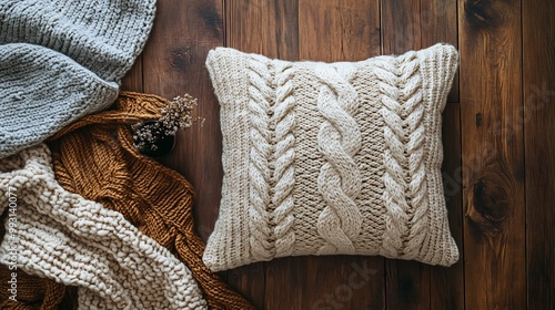 Cozy Comfort: Knitted Cable Pillow on Wooden Floor with a knitted cable pattern lying on a wooden floor with a soft blanket nearby
