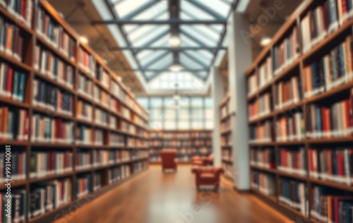 Abstract public library interior space. room with bookshelves by defocused effect.