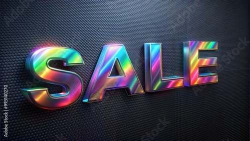 Metallic rainbow 3D sale text on a textured black background for advertising and marketing purposes. photo