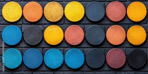 A vibrant and textured display of colorful round objects arranged in three rows, each with a different color palette, against a backdrop of dark grey textured tiles.