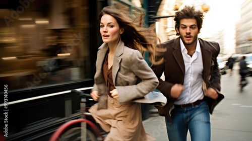 A couple runs energetically through a bustling city street, their movement creating a blur that emphasizes the fast pace and excitement of the urban environment.