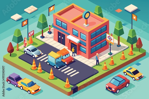 A vibrant isometric representation of a driving school with students and instructors engaging in practice, Driving school illustration in isometric style that can be customized.