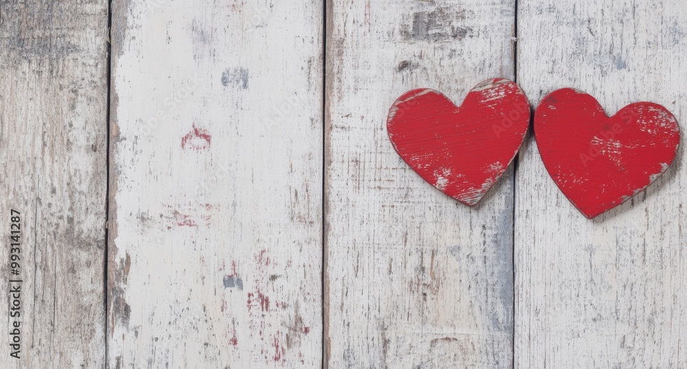 Two rustic red hearts on a weathered wooden background for a romantic decoration Two rustic red hearts on a weathered wooden background for a romantic decoration