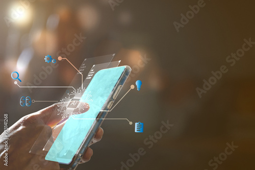 Men point out that mobile phones work together with artificial intelligence and business icons.Concept AI work,AI business
