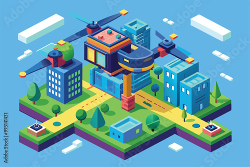 An illustrative urban environment featuring a customizable drone flying over buildings and pathways, Drone filming illustration, customizable and isometric.