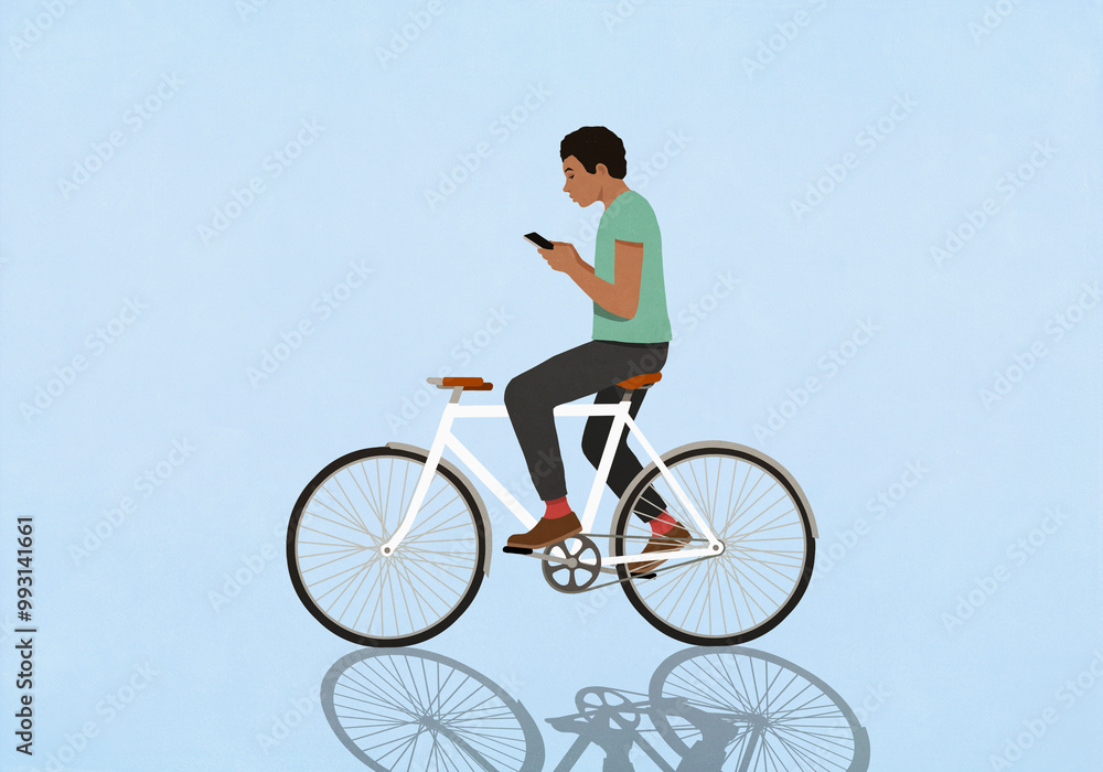 Man with smart phone texting and riding bicycle on blue background
Man with smart phone texting and riding bicycle on blue background