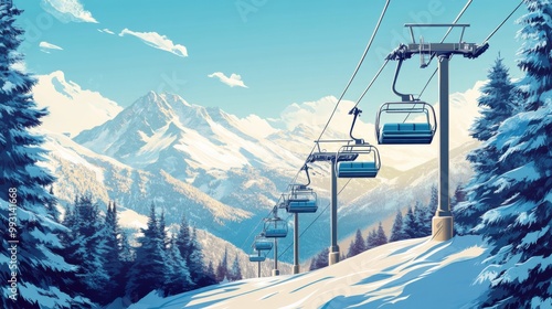 Snow-covered ski lift ascending through a mountain range, ideal for ski resort marketing materials or winter adventure tourism.