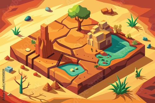 A customizable isometric depiction of a drought-stricken area featuring dry land and minimal plant life, Drought Illustration (Customizable and Isometric)