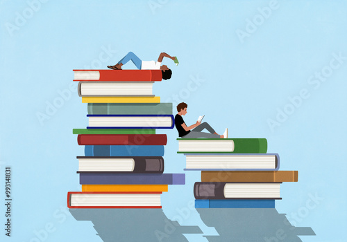 Young man and woman reading on large stacks of books
