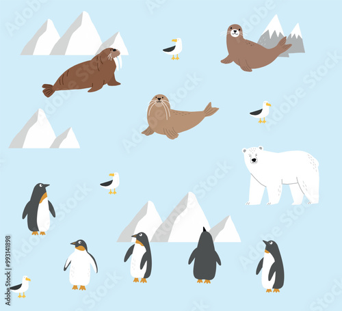 Different world animals set. Cute childish fauna, wildlife. Vector illustration. Animals of the North, walruses, seals, penguins, birds, polar bear.