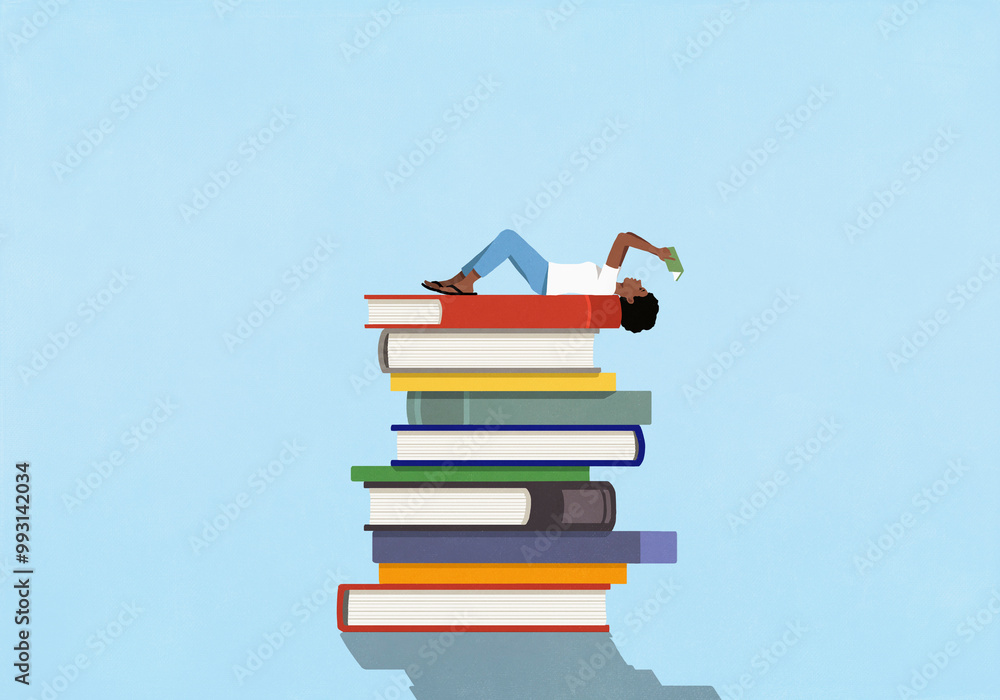 Woman laying and reading on large stack of books
Woman laying and reading on large stack of books
