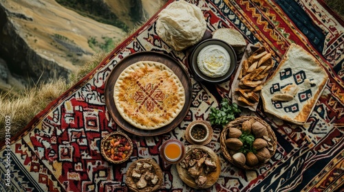 Fototapeta Naklejka Na Ścianę i Meble -  Traditional Georgian Khachapuri With Mountain Backdrop and Decorative Patterns from Top-Down View