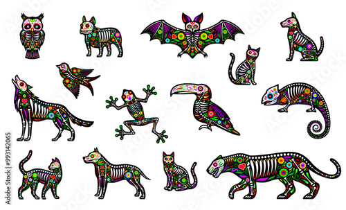 Mexican Day of the Dead sugar animal tattoo, dead Halloween skeletons, bird, animal and lizard skulls. Vector cat, dog, owl and bat, toucan, jaguar, chameleon and hummingbird calaca and floral pattern