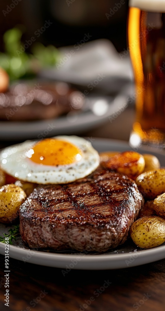 Grilled steak with fried egg and roasted potatoes served on a plate with a pint of beer Grilled steak with fried egg and roasted potatoes served on a plate with a pint of beer