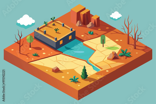 An isometric view shows a drought-affected area featuring a parched riverbed and sparse vegetation, Drought Illustration (Customizable and Isometric)