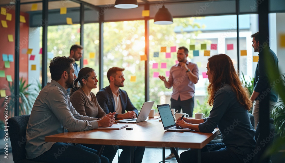 Fototapeta premium A diverse team brainstorms in a bright glass office filled with sunlight and collaboration.