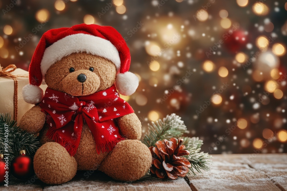 Teddy Bear in Santa Hat with Red Scarf by Christmas Tree – Festive Holiday Scene, Perfect for Christmas Cards, Decorations, and Winter Marketing Teddy Bear in Santa Hat with Red Scarf by Christmas Tree – Festive Holiday Scene, Perfect for Christmas Cards, Decorations, and Winter Marketing