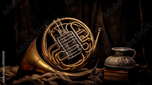 A vintage French horn and an old jug rest on a rustic table, accentuated by dim lighting, exuding a sense of nostalgia and history.