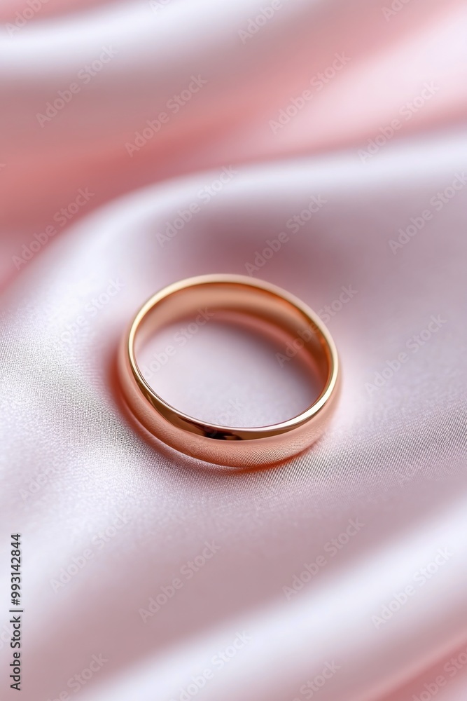 Elegant golden ring resting on soft pink satin fabric in a delicate arrangement Elegant golden ring resting on soft pink satin fabric in a delicate arrangement