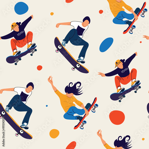 Set of modern skaters jumping with skateboards. Square seamless pattern. Teenagers ride a longboard, jump and perform tricks. Street activity for teenagers on longboards. 