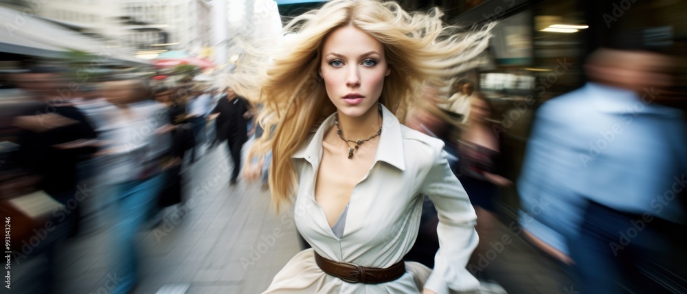 A determined woman strides through a busy city street, her blonde hair flowing with motion, amidst a backdrop of blurred passersby. A determined woman strides through a busy city street, her blonde hair flowing with motion, amidst a backdrop of blurred passersby.