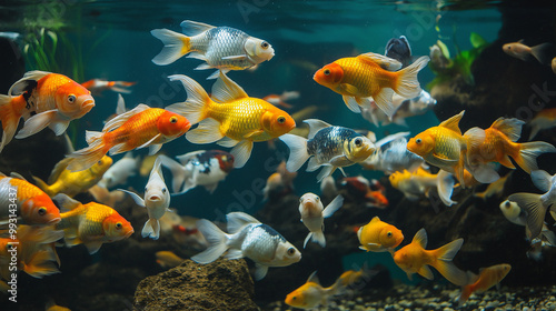 An aquarium tank full of fish is a vibrant, aquatic display filled with various species of fish swimming in a carefully maintained water environment, often enhanced with decorative plants and rocks. photo