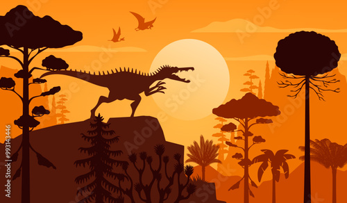 Prehistoric Spinosaurus dinosaur silhouette roaming at sunset landscape with flying reptiles and ancient trees. Vector dusk scene of a bygone era with majestic creatures in their ancient environment