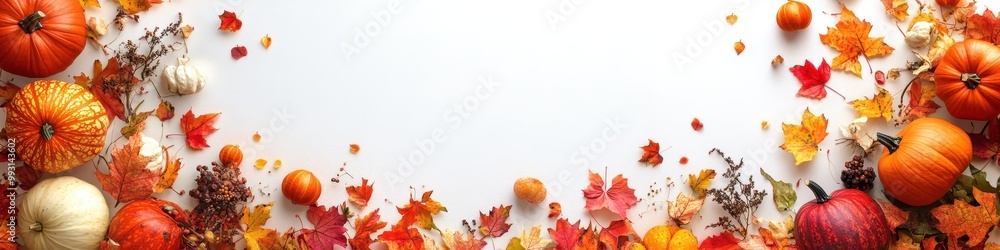 A vibrant arrangement of autumn leaves and pumpkins, capturing the essence of fall celebrations and seasonal beauty, background with copy space A vibrant arrangement of autumn leaves and pumpkins, capturing the essence of fall celebrations and seasonal beauty, background with copy space