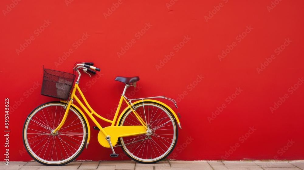 Fototapeta premium A bright yellow bicycle leans against a vibrant red wall, creating a striking, colorful contrast that evokes a cheerful and playful mood.